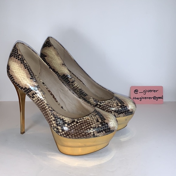 8.5 Python & Gold Double Platform Stilettos H By Halston - Picture 3 of 17